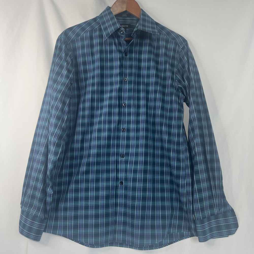 Claiborne Men's Slim Fit 15.5 34 35 Wrinkle Free Blue‎ Plaid Button Down